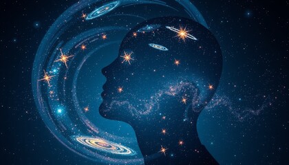 Inside a human profile galaxies and stars swirl brightly against a navy backdrop capturing the essence of cosmic wonder and exploration
