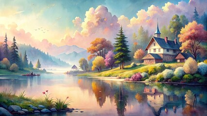 Fototapeta premium Soft, dreamy watercolor painting captures serene picturesque scenery with gentle, blended colors and subtle texture, evoking a sense of calm and whimsical wonder.