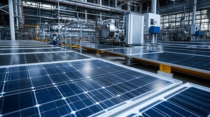 Fototapeta premium A close-up of solar panels in a factory setting. The panels are arranged in rows on metal frames, and the factory is filled with pipes and other industrial equipment.
