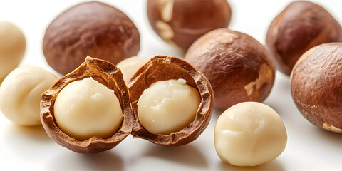 A close-up of macadamia nuts, showcasing their rich texture and creamy interior, perfect for culinary and health-related content.