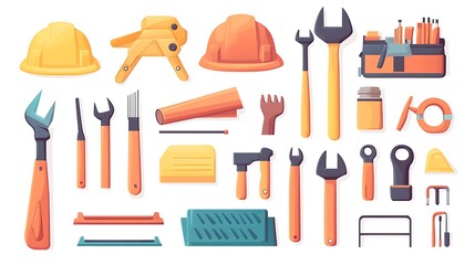 a variety of construction tools, including wrenches, hammers, screwdrivers, and safety helmets.
