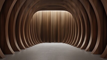 Fototapeta premium A spacious interior showcases elegant wooden arches with gentle lighting, creating a serene atmosphere perfect for gatherings or exhibitions