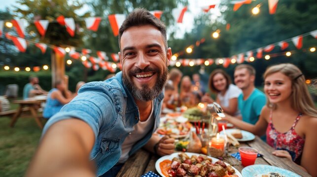 Labor Day picnic with families and friends enjoying barbecue, playing games, and relaxing outdoors, sense of community and end-of-summer celebration, American flags in the background - Powered by Adobe