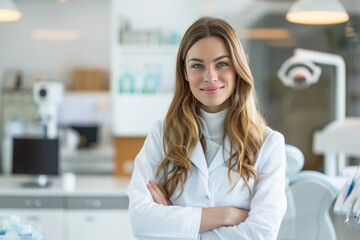Portrait of female dentist. She's standing in her dentist office