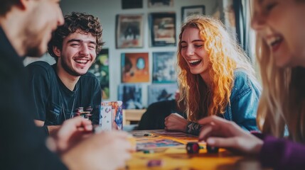 Fototapeta premium A group of friends laughs and plays a board game together in a warm, inviting setting