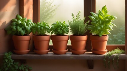 Fototapeta premium Herbs in terracotta pots on the windowsill. Gardening concept. Illustration