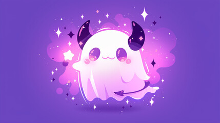 cute kawaii ghost with horns and black wings. poster and banner for halloween