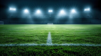 A vibrant soccer field is lit up by powerful stadium lights under a dark sky, creating a captivating atmosphere just before the match begins