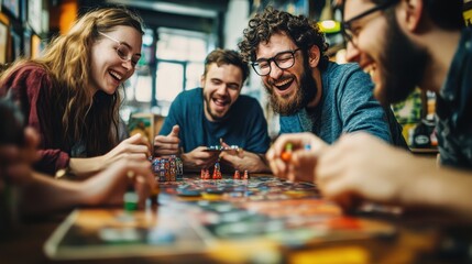 A group of friends gathers around a table, laughing and playing a board game in a warm café atmosphere