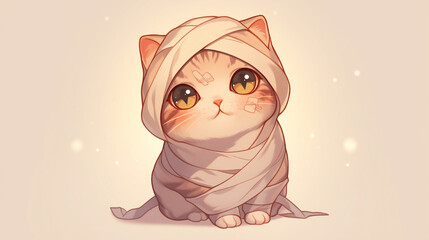Obraz premium A cute cat is wrapped in a sheet of tissue paper. The cat is laying down and he is sleepy. The pink background adds a soft and comforting atmosphere to the image