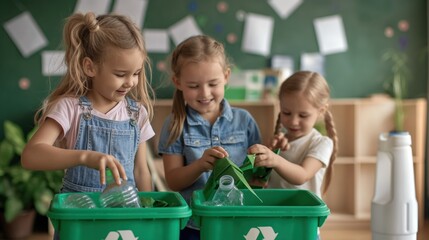 Children participating in a school recycling program, expressions of environmental responsibility and teamwork, promoting sustainability and eco-friendly practices, classroom setting