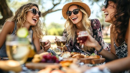Friends enjoy a joyful picnic, sharing laughter and drinks in a sunny outdoor park
