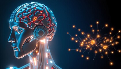Human brain in detailed close-up on the left futuristic robot with glowing highlights on the right dark blue background with a network of complex illuminated connections