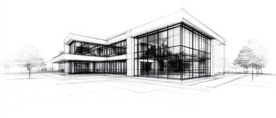 Modern architectural design sketch of a glass building in a serene landscape