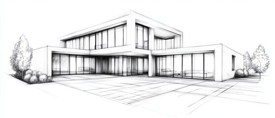 Modern architectural sketch of a house with large windows and sleek design in daylight