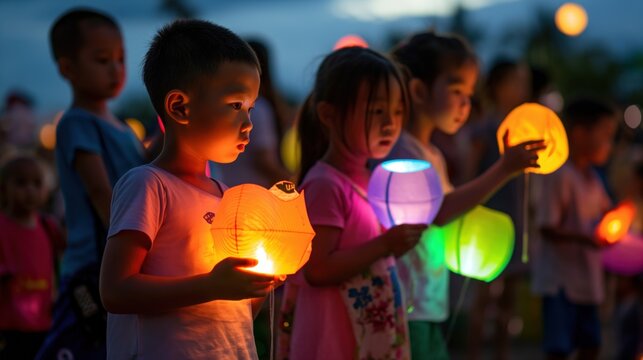 Mid-Autumn Festival in Vietnam with children carrying colorful lanterns, families gathering to share mooncakes, sense of tradition and cultural pride, festive and joyous atmosphere