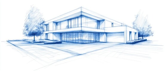 Modern architectural sketch of a two-story building with landscaping at sunset