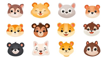 Different cartoon animal faces on a white background