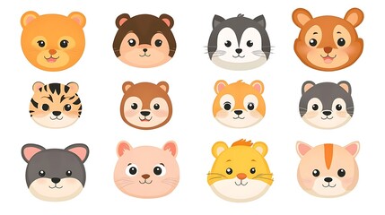Different cartoon animal faces on a white background