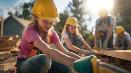 People building homes with Habitat for Humanity, teamwork and construction, expressions of hope and collaboration, promoting affordable housing and volunteerism, construction site setting