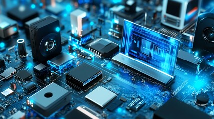 Fototapeta premium A close-up view of a circuit board with various electronic components and glowing elements.
