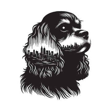 recommend clip art: silhouette of Cavalier Spaniel, filled with cityline in rough drawing,
