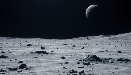 desolate lunar landscape with scattered meteorites and rugged craters earth seen far off as a tiny blue dot moon s textured surface sharply contrasting with the dark sky