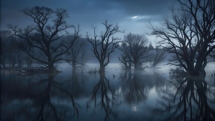 Naklejka premium Silhouettes of Trees Reflected in Foggy Water