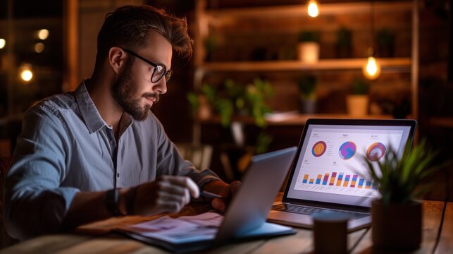 A young man focuses on his laptop and notes as he analyzes data charts in a warmly lit cafe during the evening hours