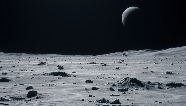 desolate lunar landscape with scattered meteorites and rugged craters earth seen far off as a tiny blue dot moon s textured surface sharply contrasting with the dark sky