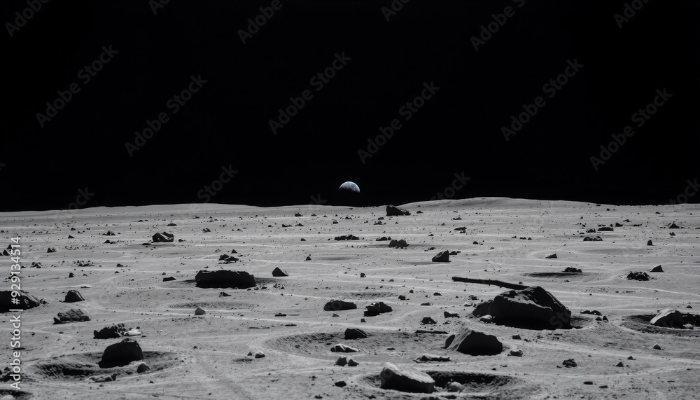 Wall mural gray cratered moon surface with distant earth as a faint blue dot rugged lunar terrain with scattere
