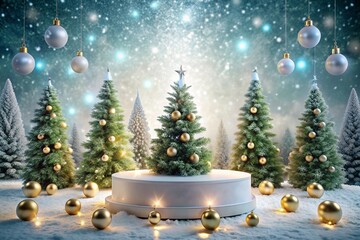 Round stage pedestal nestled in a snowy Christmas scene with twinkling lights, glass ornaments, and lush Xmas trees