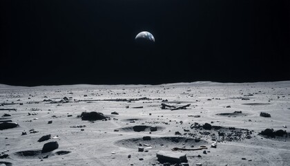 vast desolate moon surface with jagged craters and scattered debris earth hanging far above as a small blue dot stark contrasts between the moons rough texture and the dist