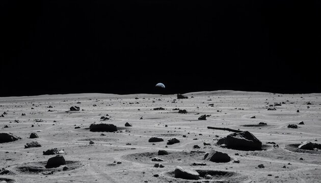 gray cratered moon surface with distant earth as a faint blue dot rugged lunar terrain with scattered rocks and shadows creating a striking contrast with the distant planet