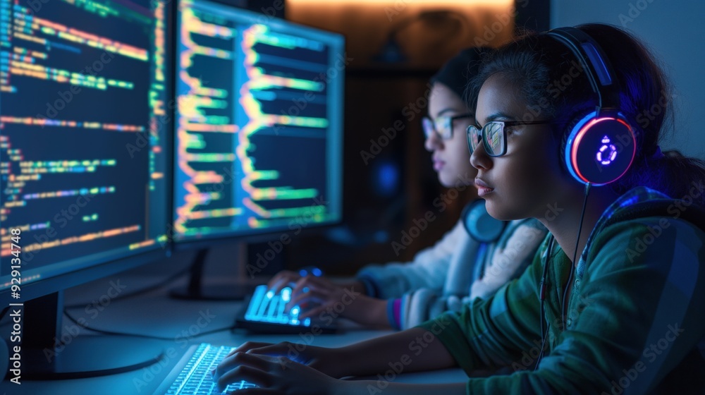 Poster two young individuals code intently on their computers in a dimly lit tech workspace, focused on the