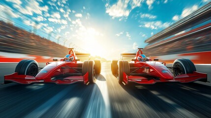 Two red race cars speed on a track under a bright blue sky, capturing the intense competition and thrill of motorsport racing.