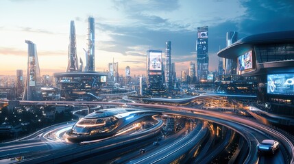 Fototapeta premium Futuristic smart city skyline at dusk with advanced architecture, autonomous vehicles, and digital billboards, showcasing a vision of advanced urban living.