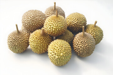 A vibrant pile of durian fruit, showcasing its unique spiky exterior, perfect for food photography and exotic culinary themes.
