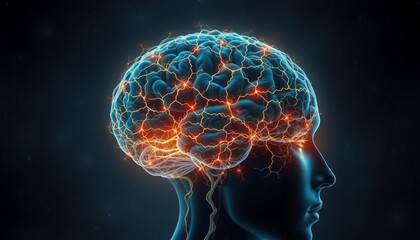 intricate illustration of a head with neural pathways forming a glowing fractal pattern dark void background enhances the sense of deep exploration into the subconscious real