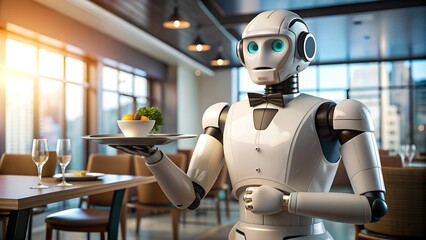 Automated Elegance. In a modern restaurant, a humanoid robot with a bow tie serves a glass of wine, seamlessly blending technology and hospitality.
