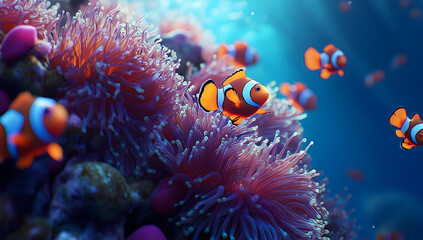 A vibrant underwater scene featuring colorful clownfish swimming amidst lush coral and sea anemones, showcasing marine beauty.