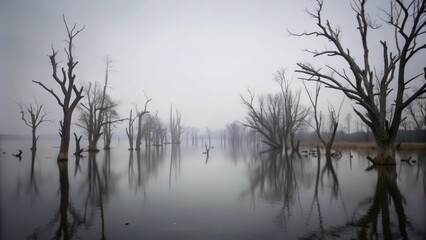 Foggy Lake with Dead Trees and Reflections