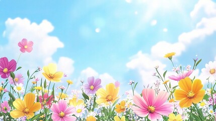 Sunny Meadow: A vibrant tapestry of colorful cosmos flowers blooming under a clear blue sky, bathed in sunlight. 