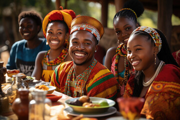 Happy african family celebrates their heritage with a festive meal, dressed in colorful traditional clothing, showcasing their culture with pride and unity