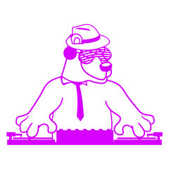 Funny Music DJ Grizzly Brown Bear Wearing Stylish Tie Hat Clothes Mixing Console Headphone Sunglasses Party Night Dancing Clubber Rave Comic Humor Cartoon Cool Fun Disco Club Festival Concert Lover