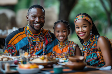 Happy african family celebrates their heritage with a festive meal, dressed in colorful traditional clothing, showcasing their culture with pride and unity