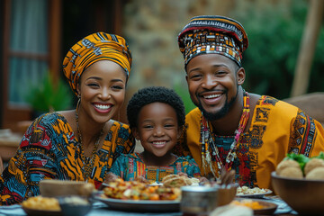 Happy african family celebrates their heritage with a festive meal, dressed in colorful traditional clothing, showcasing their culture with pride and unity
