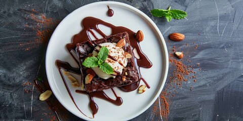 Vanilla ice cream topped chocolate brownie garnished with almond nuts and fresh mint leaves displayed on a white plate with ample space for text viewed from above and the side