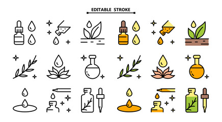 Essential oils aromatherapy icons set. Collection of essential oils perfume. Vector color signs for web design isolated on white