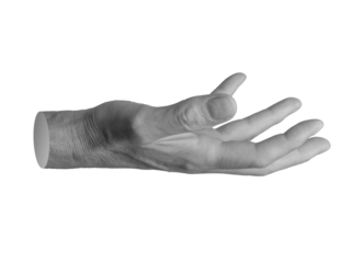 Hand gesture for holding or presenting an invisible object or product. outstretched, isolated on white background..